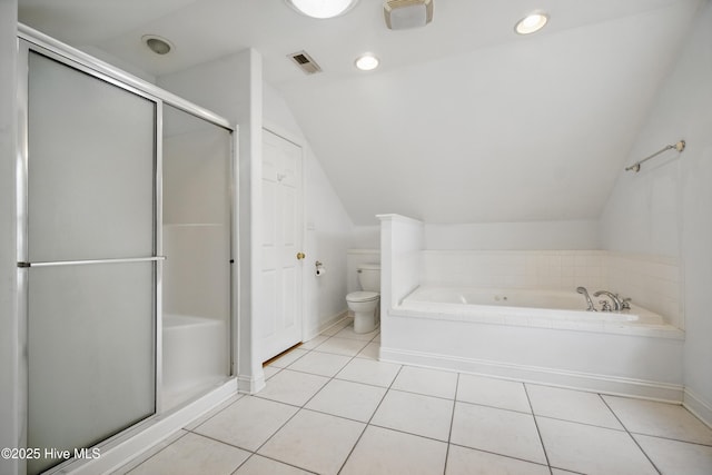 902 Hunnicutt Ave, Elizabeth City, NC 27909 - bathroom featuring toilet, tile patterned floors, a bath, a shower stall, and lofted ceiling