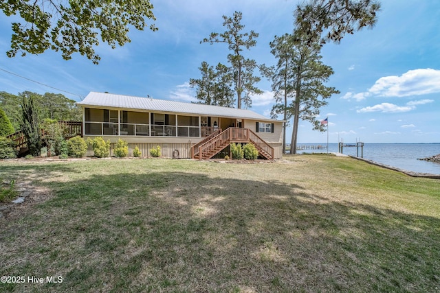 966 W Island View Rd, Bath, NC 27808 - back of house with a yard, a water view, a sunroom, and stairway