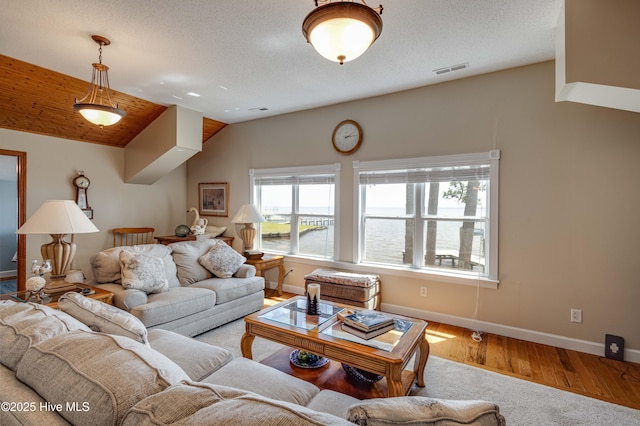 966 W Island View Rd, Bath, NC 27808 - living room featuring visible vents, lofted ceiling, wood finished floors, baseboards, and a textured ceiling