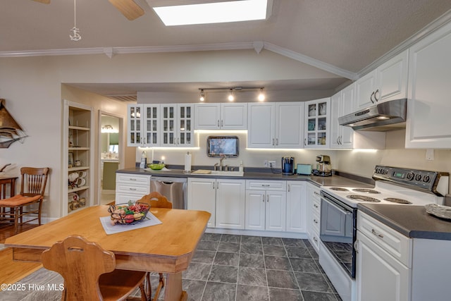 966 W Island View Rd, Bath, NC 27808 - kitchen featuring dark countertops, dishwasher, electric stove, under cabinet range hood, and white cabinetry