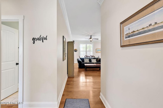 102 SW 8th St, Oak Island, NC 28465 - hallway with crown molding, baseboards, and light wood finished floors