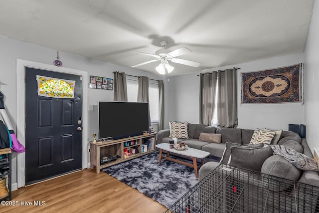 living area featuring ceiling fan and wood finished floors