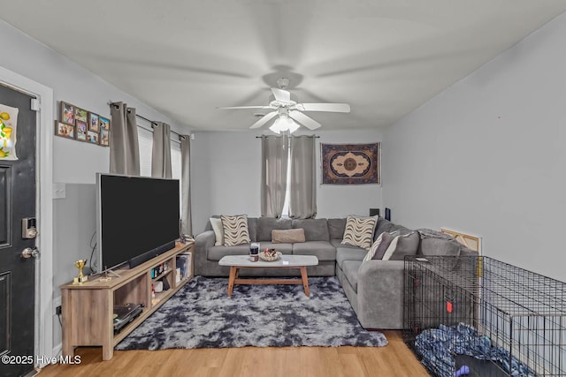 living area featuring a ceiling fan and wood finished floors