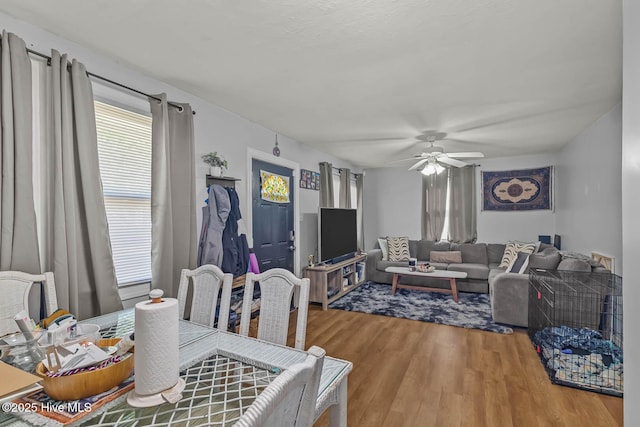 living area featuring a ceiling fan and wood finished floors
