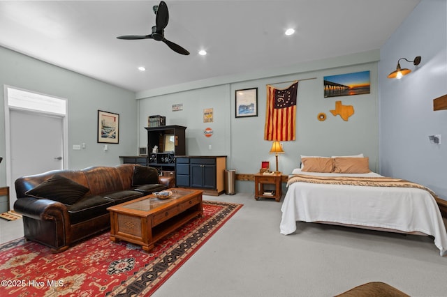 bedroom featuring a ceiling fan, carpet flooring, and recessed lighting