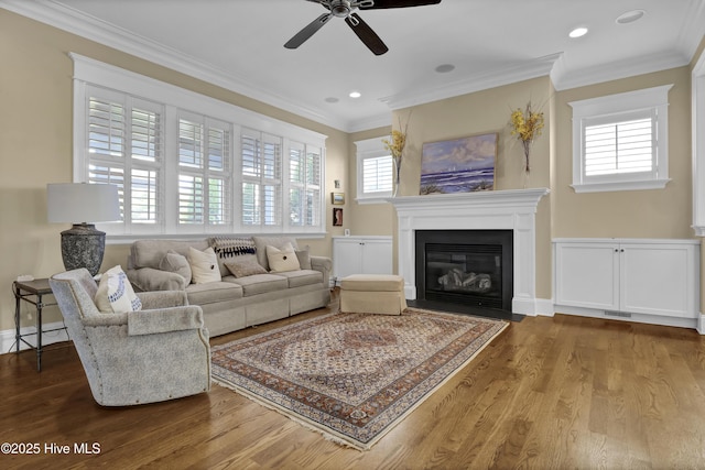 living room featuring plenty of natural light, a ceiling fan, and wood finished floors
