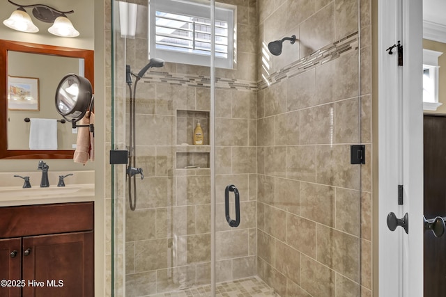 full bathroom featuring vanity and a shower stall