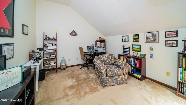 office with carpet floors, baseboards, and lofted ceiling