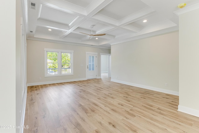 empty room with a ceiling fan, baseboards, light wood-type flooring, beamed ceiling, and visible vents