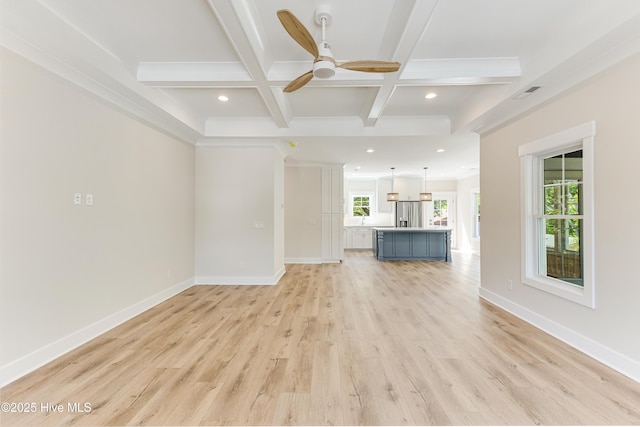 unfurnished living room with beam ceiling, light wood-style floors, a ceiling fan, visible vents, and coffered ceiling