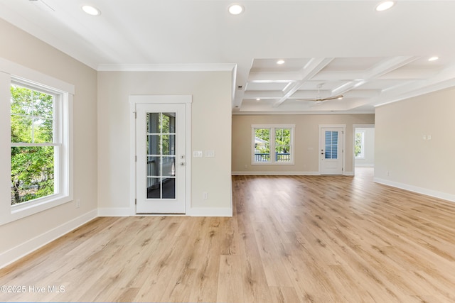 unfurnished living room featuring light wood-style flooring, recessed lighting, baseboards, beamed ceiling, and coffered ceiling