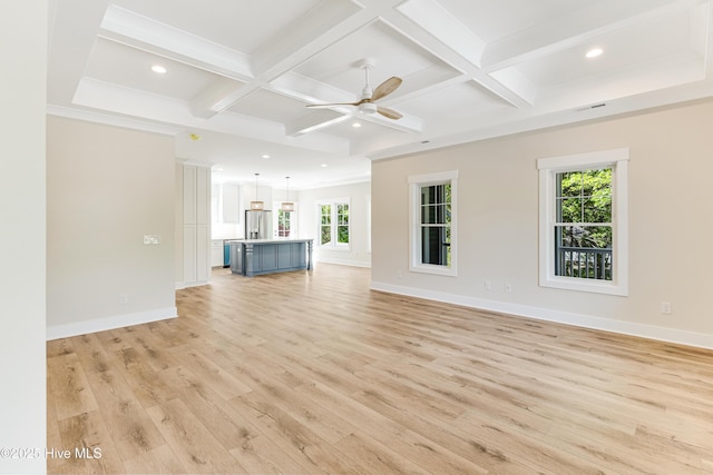 unfurnished living room with a ceiling fan, coffered ceiling, and light wood-style floors