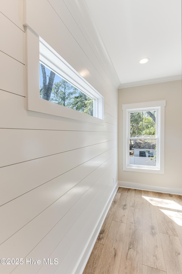 hall with plenty of natural light, wood walls, baseboards, and light wood-type flooring