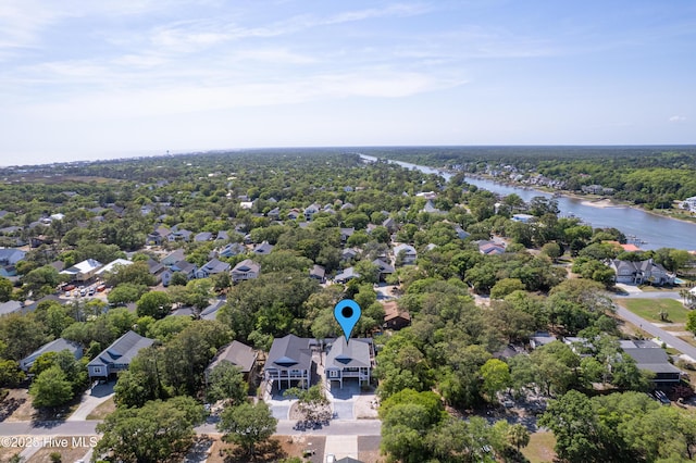 bird's eye view featuring a water view and a residential view
