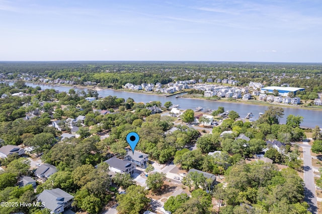 aerial view with a water view and a residential view