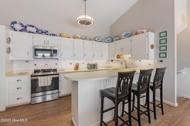 kitchen with decorative backsplash, appliances with stainless steel finishes, wood finished floors, and light countertops