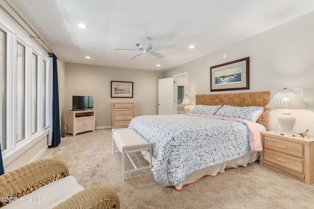 bedroom featuring baseboards, ceiling fan, light carpet, and recessed lighting