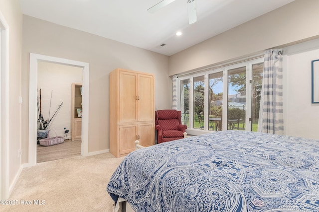 bedroom with ceiling fan, light carpet, access to exterior, recessed lighting, and baseboards