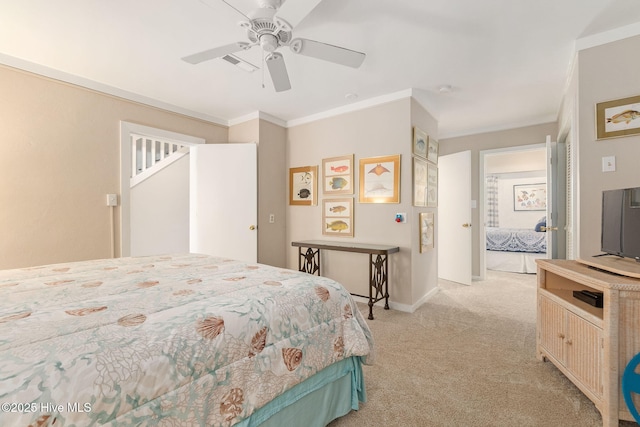 bedroom featuring a ceiling fan, baseboards, light carpet, and ornamental molding