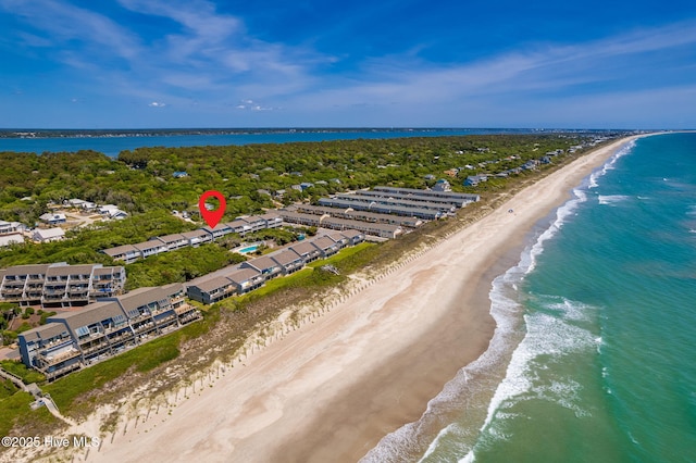 aerial view with a water view and a view of the beach