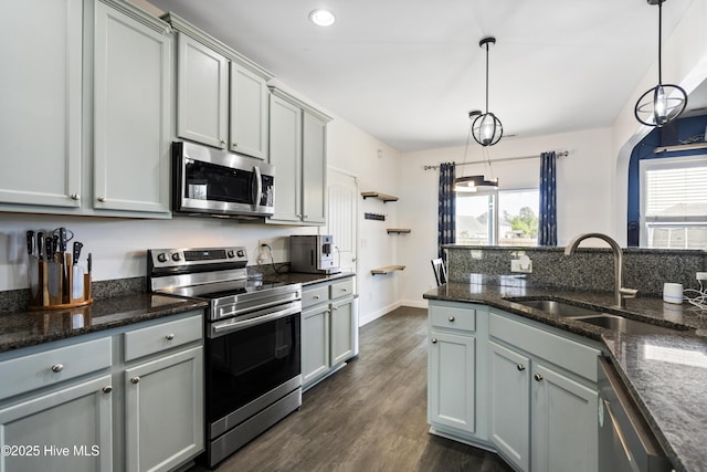507 Romper Rd, Sneads Ferry, NC 28460 - kitchen with a sink, pendant lighting, gray cabinetry, and stainless steel appliances