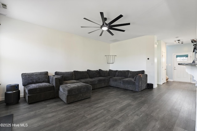507 Romper Rd, Sneads Ferry, NC 28460 - living room featuring baseboards, a ceiling fan, and dark wood finished floors