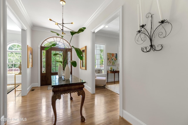 foyer featuring plenty of natural light, light wood-style flooring, baseboards, and a chandelier