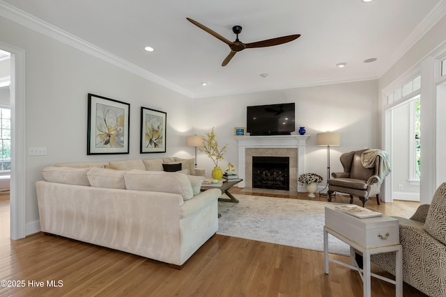 living area featuring a ceiling fan, wood finished floors, and a fireplace