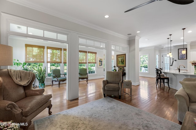 living room with plenty of natural light, ceiling fan, and light wood-type flooring
