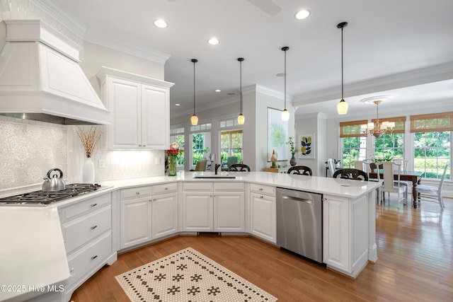 kitchen with custom exhaust hood, stainless steel appliances, a peninsula, and a wealth of natural light