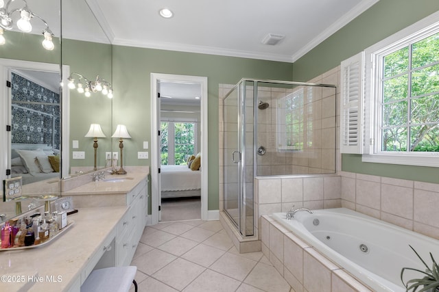 ensuite bathroom with tile patterned flooring, connected bathroom, and a stall shower