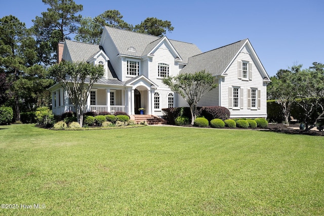 view of front of home with covered porch, a standing seam roof, a chimney, metal roof, and a front lawn