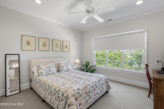 carpeted bedroom with baseboards, ornamental molding, and recessed lighting