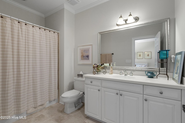 full bath with visible vents, tile patterned flooring, vanity, toilet, and ornamental molding