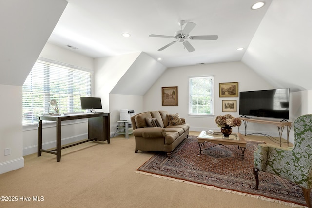 living area featuring ceiling fan, visible vents, carpet, recessed lighting, and vaulted ceiling