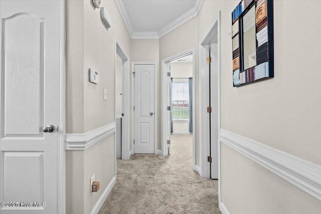 hallway with carpet flooring, crown molding, and baseboards