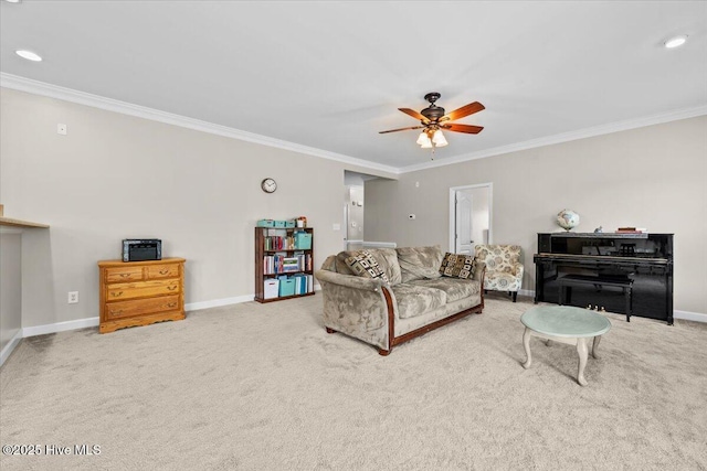 carpeted living room featuring crown molding, recessed lighting, baseboards, and ceiling fan