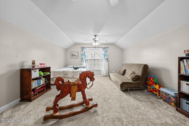 playroom featuring baseboards, ceiling fan, carpet, and lofted ceiling