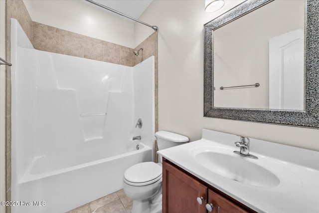 full bath featuring toilet, shower / washtub combination, tile patterned flooring, and vanity