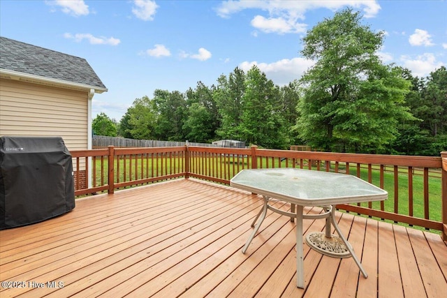 wooden deck with a fenced backyard, a yard, and area for grilling