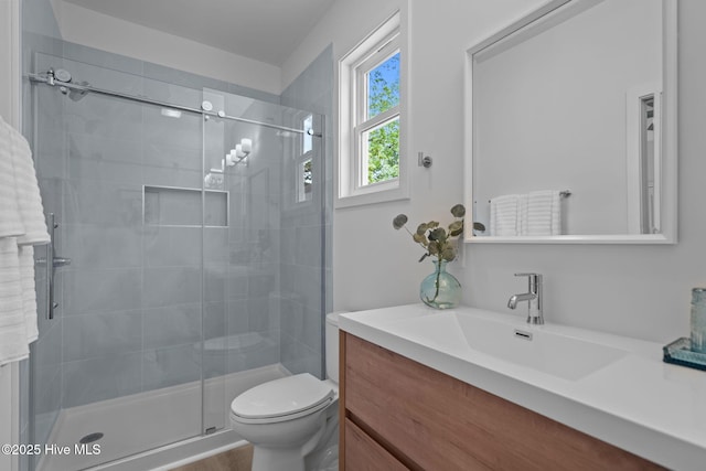 bathroom featuring toilet, a stall shower, and vanity