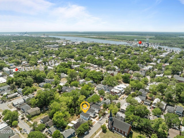 aerial view featuring a residential view and a water view