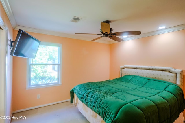 121 NW 1st St, Oak Island, NC 28465 - bedroom featuring crown molding, visible vents, baseboards, ceiling fan, and tile patterned floors