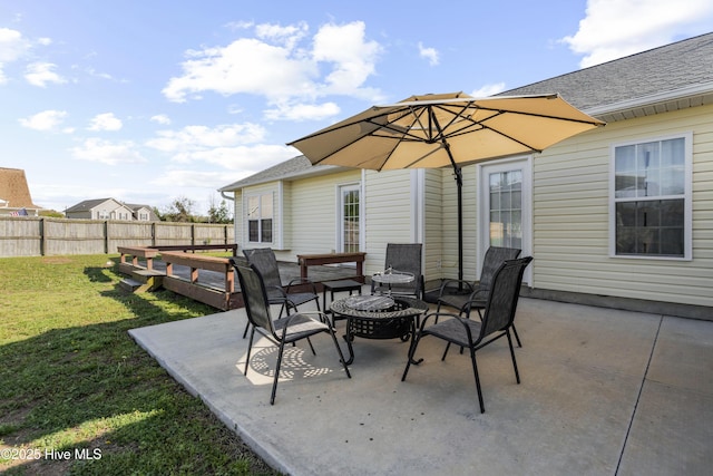 view of patio / terrace featuring a fire pit and a fenced backyard