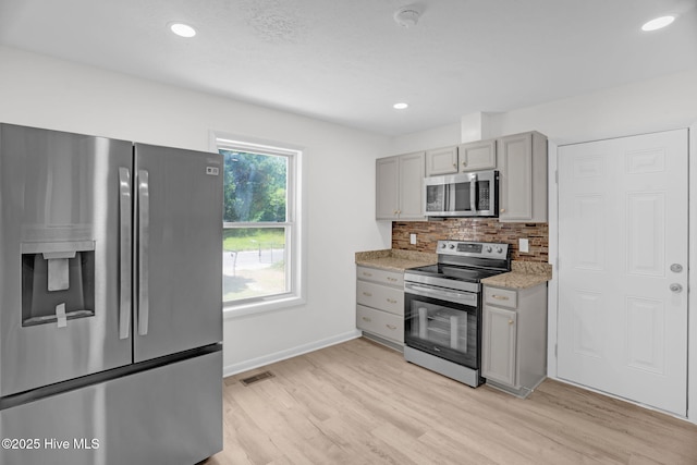 811 Crawford St, Goldsboro, NC 27530 - kitchen with appliances with stainless steel finishes, light wood finished floors, baseboards, decorative backsplash, and gray cabinetry