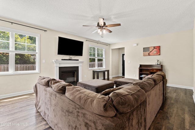 living room with a healthy amount of sunlight, baseboards, ceiling fan, and wood finished floors