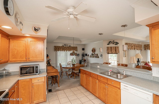 1071 Ridge Walk Way NW, Calabash, NC 28467 - kitchen featuring a sink, stainless steel microwave, a raised ceiling, dishwasher, and light carpet