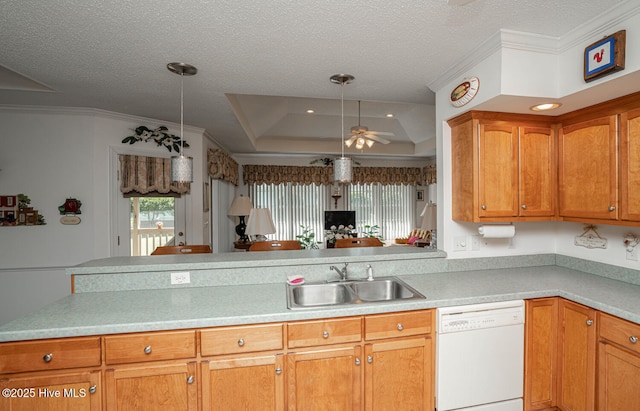 1071 Ridge Walk Way NW, Calabash, NC 28467 - kitchen with a sink, a textured ceiling, a ceiling fan, and dishwasher