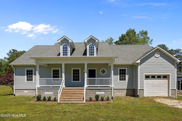 cape cod house featuring an attached garage, a shingled roof, a front lawn, and a porch