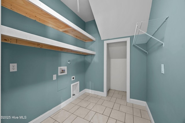 laundry room featuring laundry area, hookup for a washing machine, baseboards, light tile patterned floors, and hookup for an electric dryer